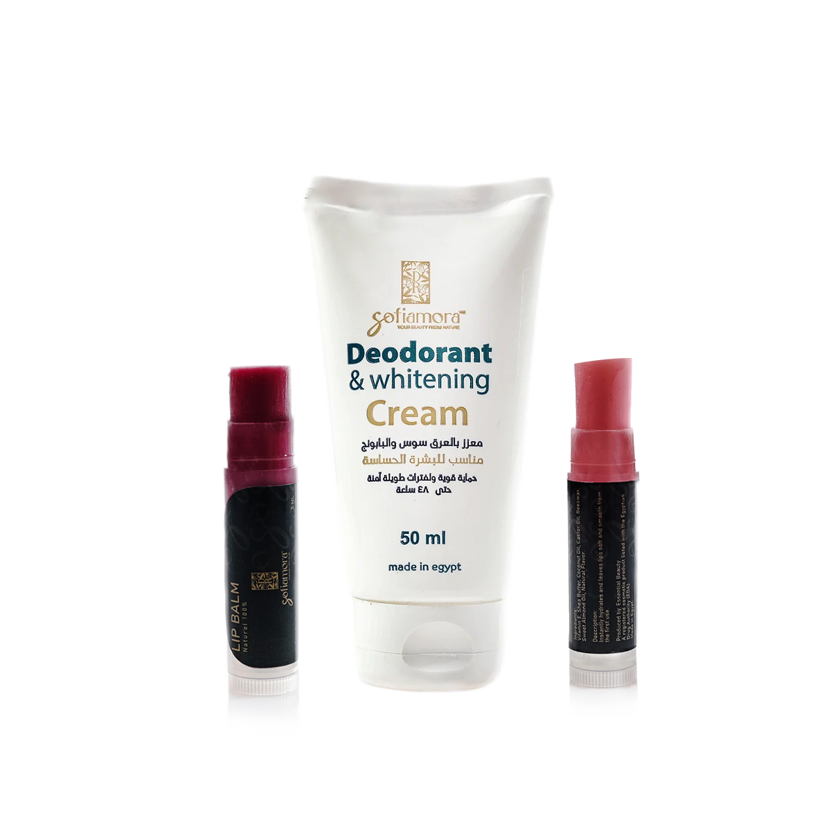 Dr Sofia Mora glowing and protected bundle featuring a protective deodorant and two lip products in sleek packaging.